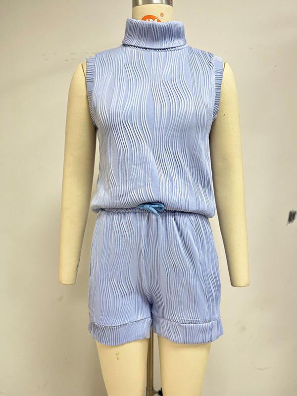 Ensemble deux pièces ample sans manches, à cordon de serrage, en jacquard, à empiècements, à col haut, à poches, couleur unie – débardeur + short
