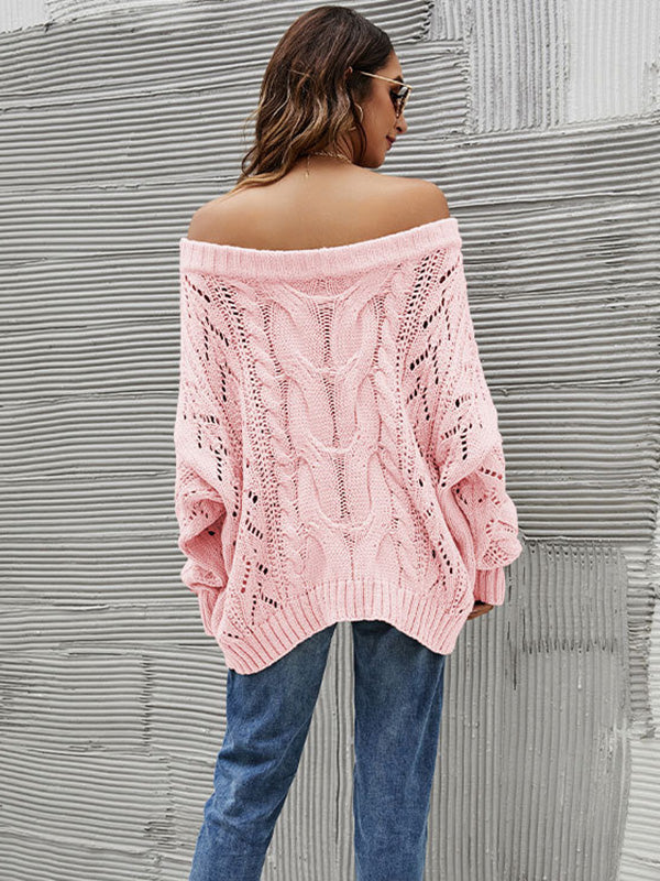 Pull ample vintage, à manches longues, à épaules dénudées, couleur unie
