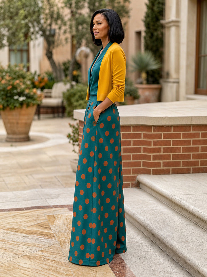 Pantalon plissé à pois, à poches, sans ceinture, à taille élastique, à jambes larges, taille haute, couleur contrastée