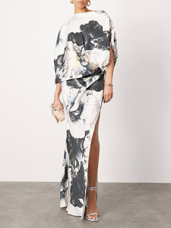Robe de soirée longue ample asymétrique fendue sur le côté à manches chauve-souris, à imprimé floral, à empiècements, asymétrique à une épaule