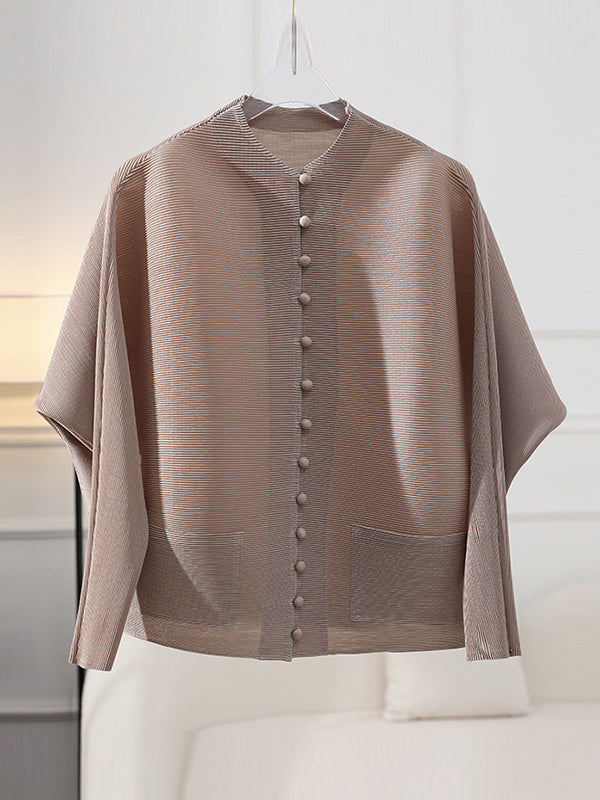 Veste ample boutonnée plissée à manches longues, à poches, à col rond, couleur unie