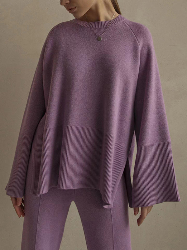 Ensemble deux pièces décontracté ample à manches longues, à col rond, à jambes larges, couleur unie – pull + pantalon