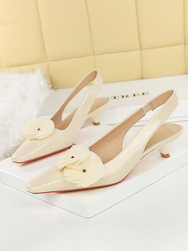 Escarpins à bride arrière à taille élastique, en forme de fleur, à bout pointu, à empiècements