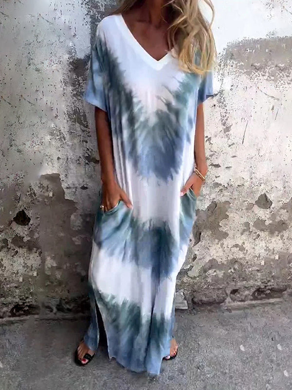 Robe trapèze ample avec poches de couleur contrastée et col en V teint par nouage