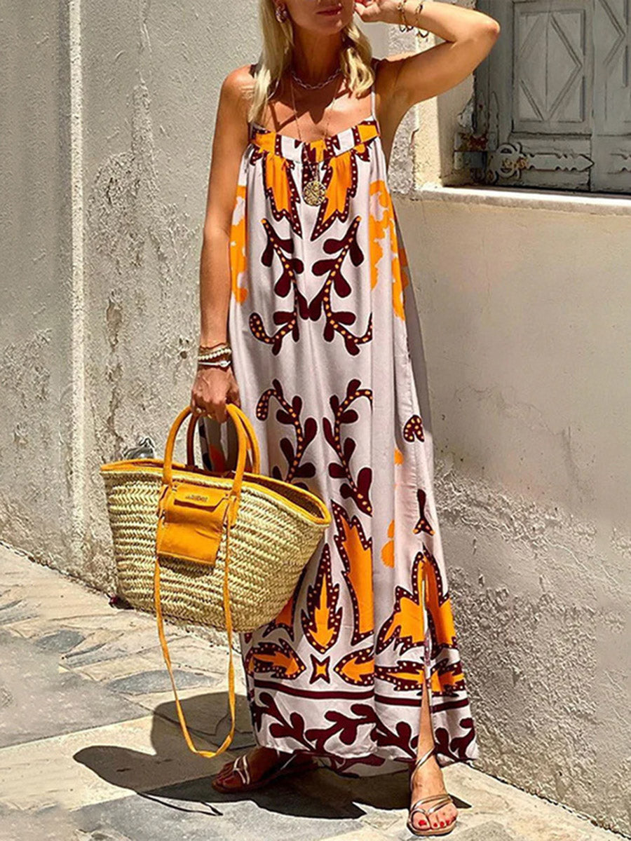 Robe mi-longue plissée imprimée coupe trapèze, taille haute, à empiècements, à fines bretelles, couleur contrastée