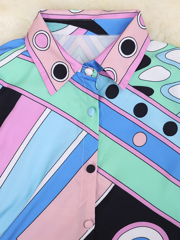 Ensemble deux pièces boutonné imprimé moulant à col revers, taille haute – chemisier + jupe + bas