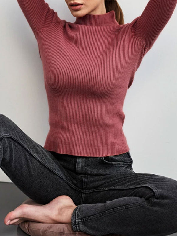 Pull à manches longues, coupe près du corps, à empiècements, à col haut, couleur unie