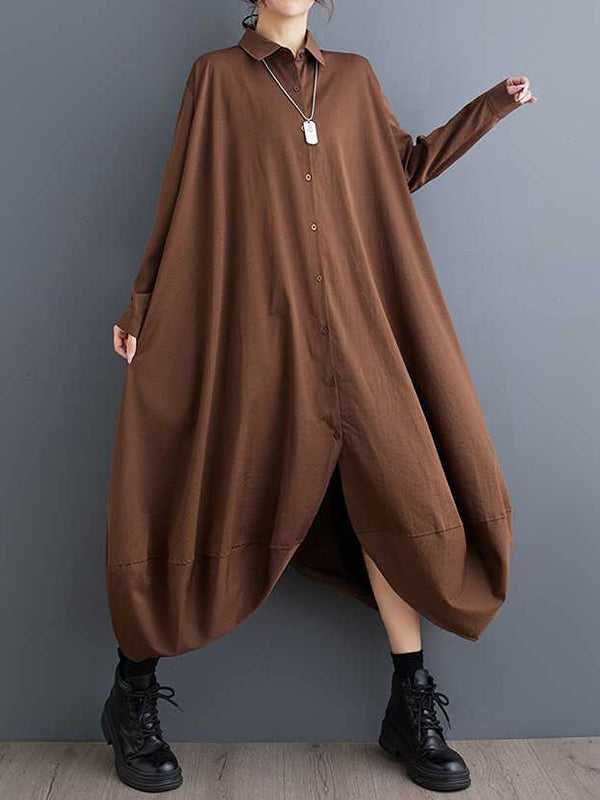 Robe chemise boutonnée coupe trapèze, à manches longues, à poches, à empiècements, à col revers, couleur unie