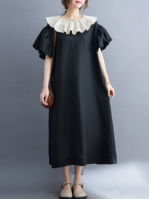 Robe mi-longue vintage, à falbalas, couleur contrastée