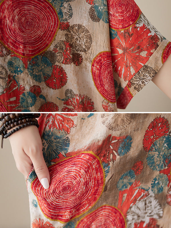Robe longue ample imprimée à manches courtes, à col en V