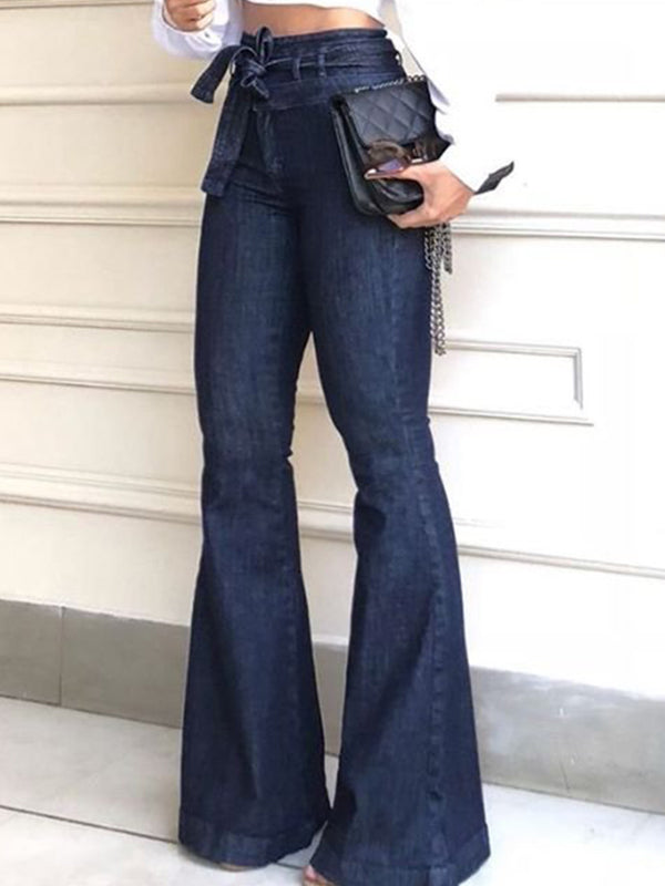 Jean taille haute, à taille nouée, couleur unie