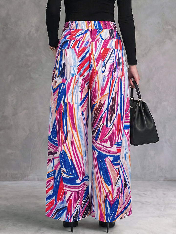 Pantalon imprimé ajouré boutonné à poches, à jambes larges, taille haute