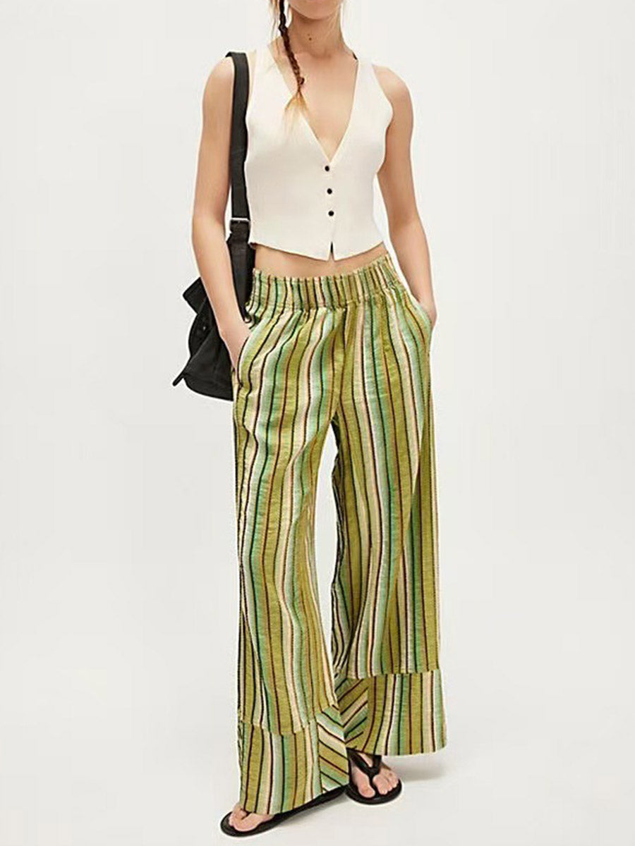 Pantalon imprimé rayé à taille élastique, taille haute, à empiècements, couleur contrastée