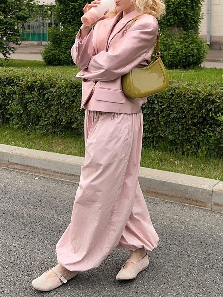 Pantalon resserré aux chevilles plissé à taille élastique, taille haute, à cordon de serrage, couleur unie
