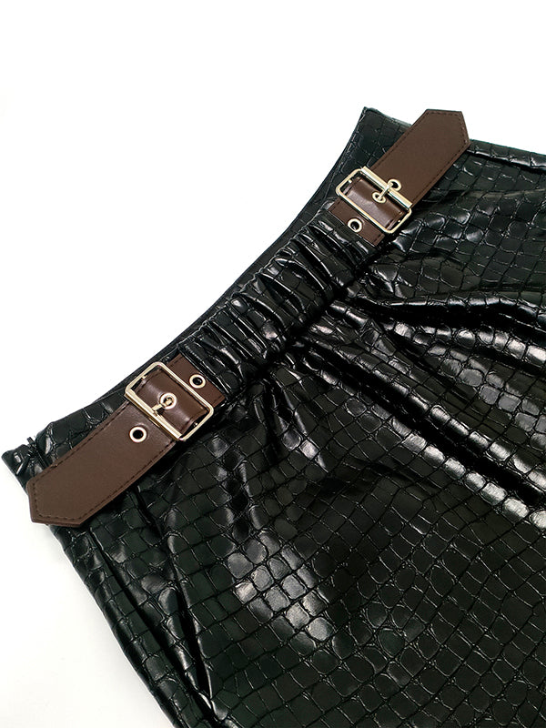 Pantalon ample à boucle en cuir texture crocodile, jambe large