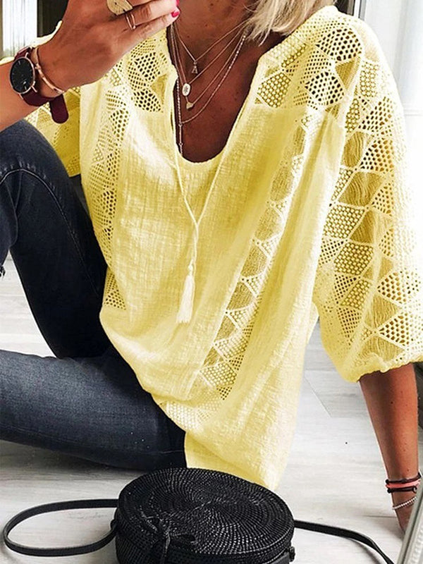 T-shirt simple décontracté ajouré en dentelle, à empiècements, à col en U
