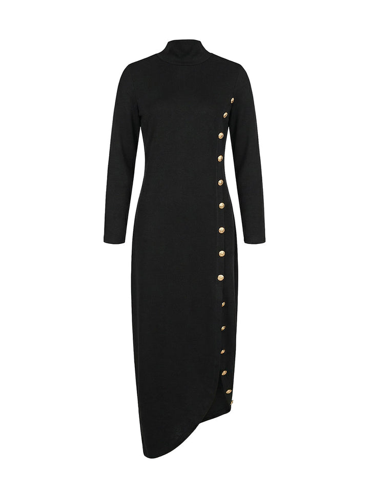 Robe longue ample asymétrique boutonnée fendue sur le côté à manches longues, à empiècements, à col cheminée