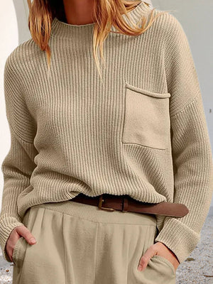 Pull en maille ample à manches longues, à poches, à col rond, couleur unie
