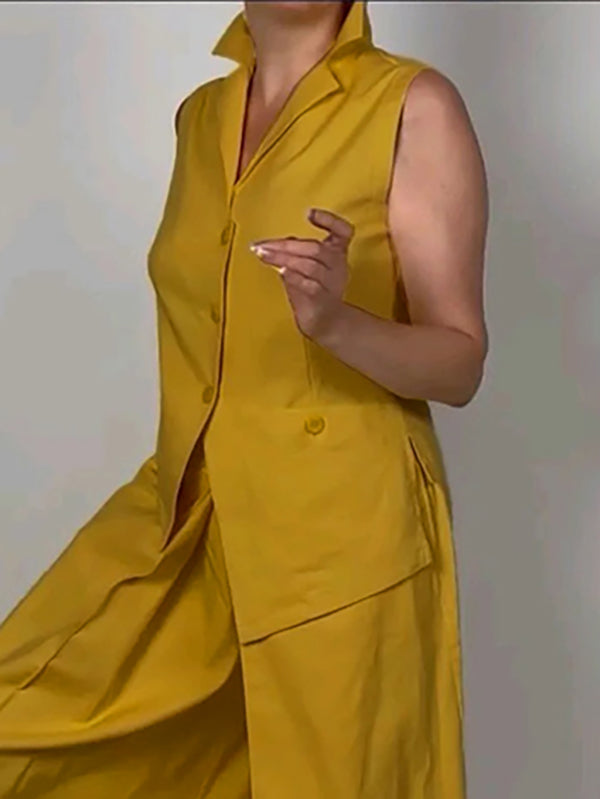 Débardeur boutonné sans manches, à col revers, couleur unie