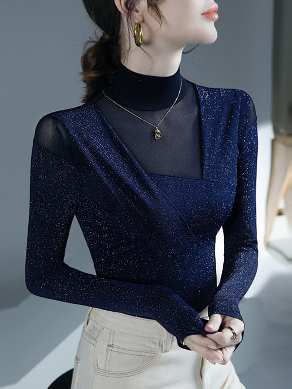 Blouses à manches longues, moulantes, asymétriques, en maille transparente brillante, fendues, à col roulé court