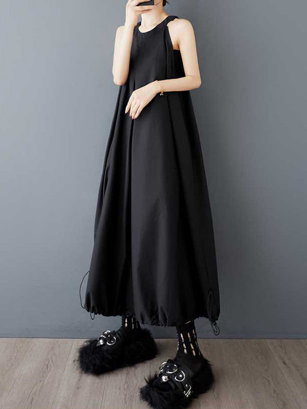 Robe mi-longue ample plissée coupe trapèze, à cordon de serrage, à poches, à fermeture éclair, à fines bretelles, couleur unie