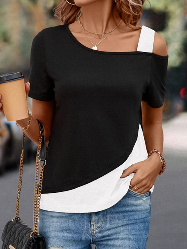 T-shirt ample asymétrique à manches courtes, à empiècements, à épaules ajourées, couleur contrastée
