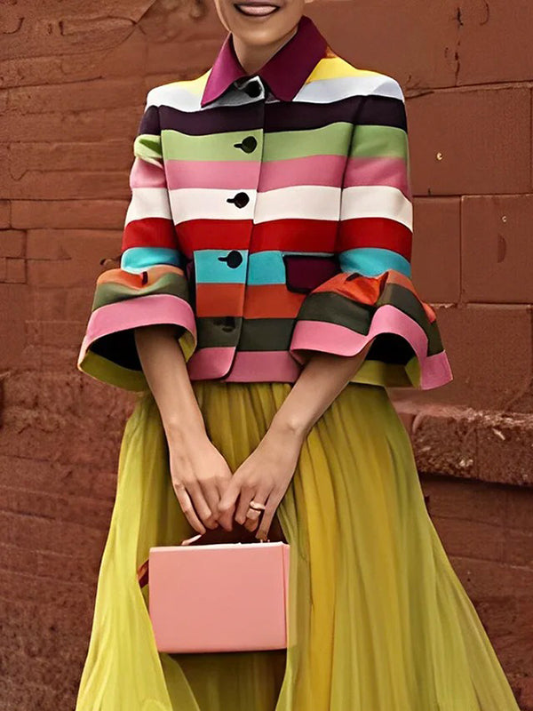 Veste multicolore rayée à manches évasées, à col revers