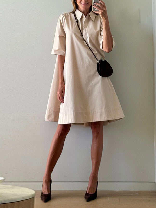 Robe chemise coupe trapèze, à manches courtes, à empiècements, à col revers, couleur unie