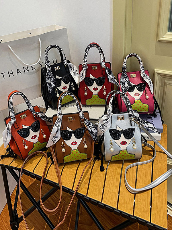 Sac à main imprimé à motifs figuratifs, à empiècements