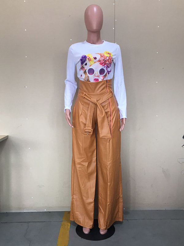 Pantalon taille haute, à jambes larges, avec ceinture, à fermeture éclair, couleur unie