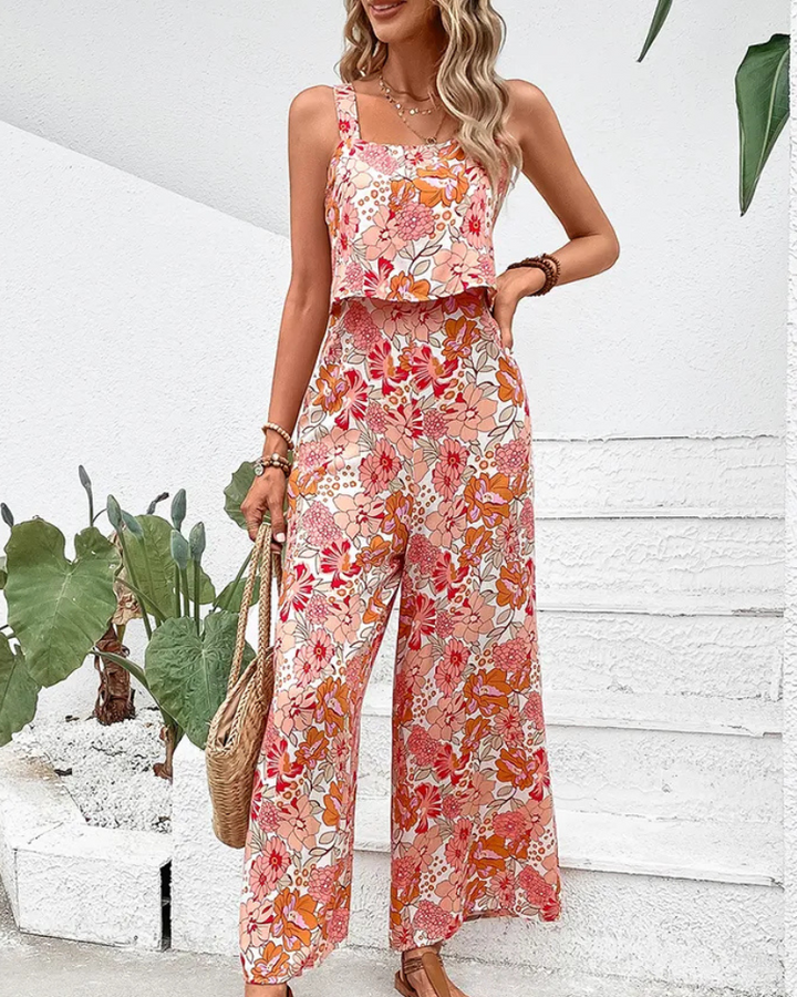 Combinaison sans manches à fleurs pour femmes | Pantalon large
