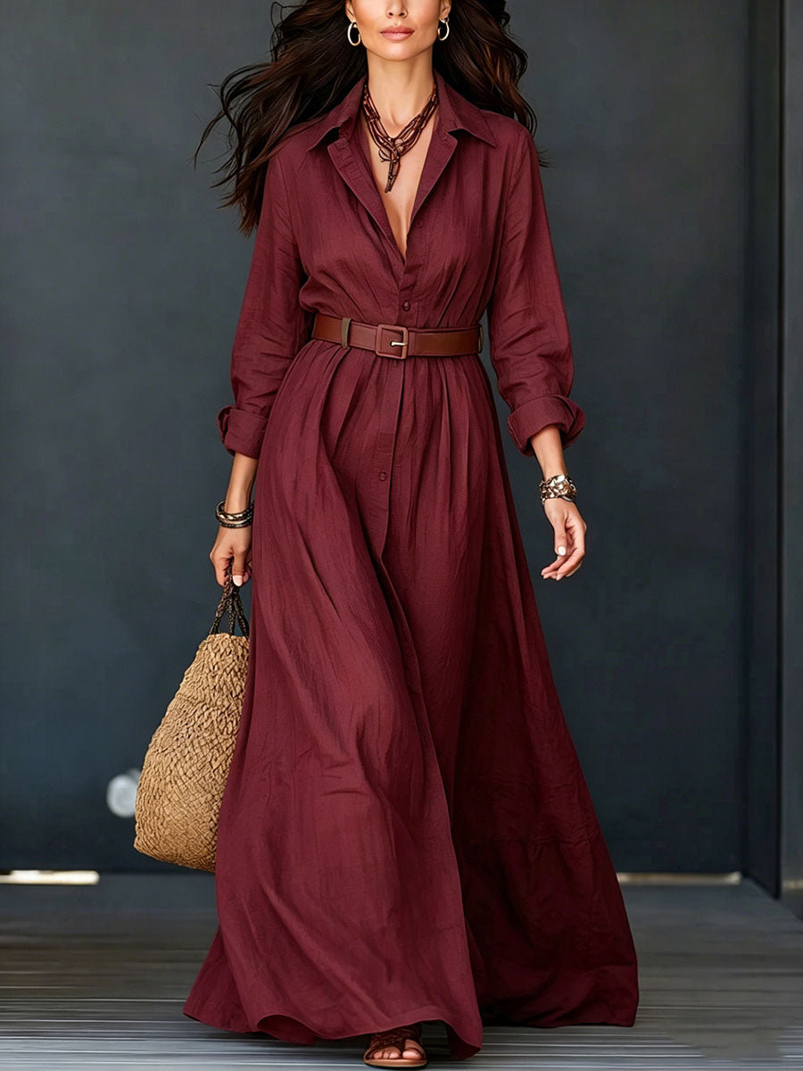 Robe chemise longue boutonnée ample à ourlet ample, à boucle de ceinture, grande taille, à col revers, couleur unie