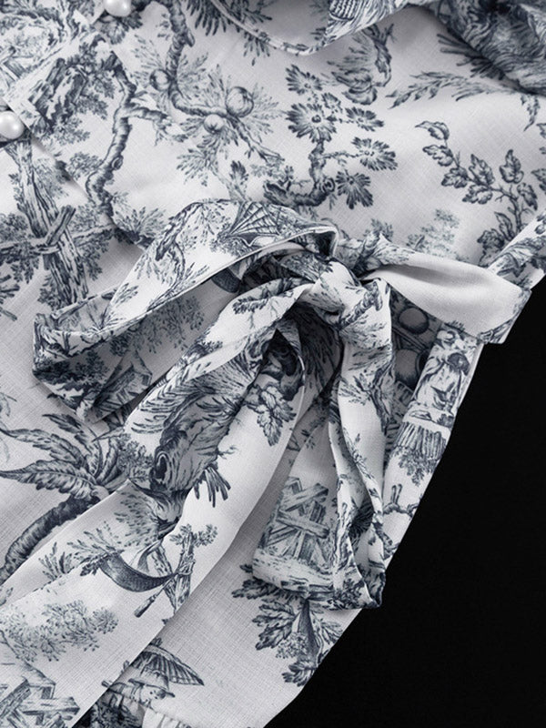 Robe courte ample plissée imprimée à manches bouffantes, à empiècements, à taille nouée, à col montant