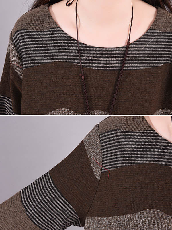 Robe mi-longue artistique ample rayée multicolore rétro, en coton et ramie, à col rond, à manches longues