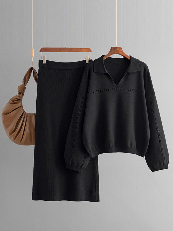 Ensemble deux pièces ample ajouré à manches bouffantes, à taille élastique, couleur unie – pull + jupe