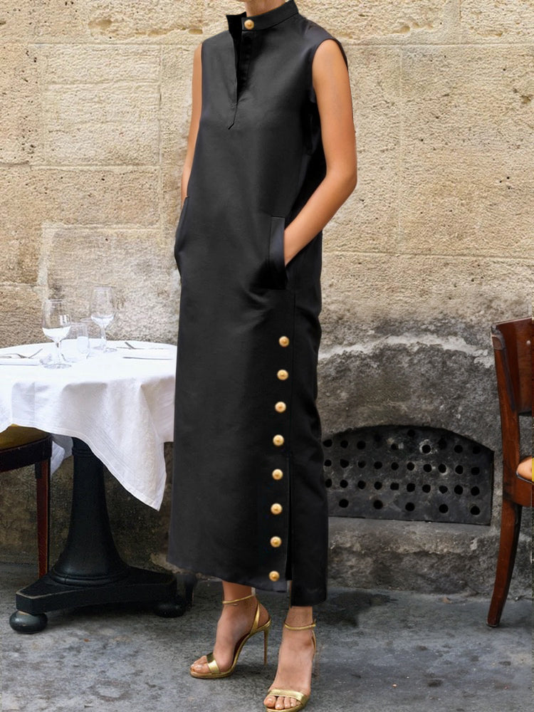 Robe chemise boutonnée fendue sur le côté sans manches, à col montant, couleur unie
