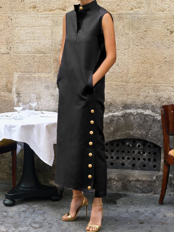 Robe chemise boutonnée fendue sur le côté sans manches, à col montant, couleur unie