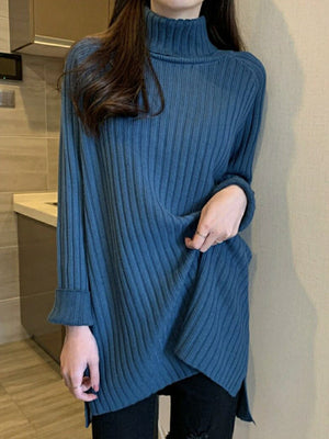 Pull décontracté ample fendu sur le côté à manches longues, à col haut, couleur unie
