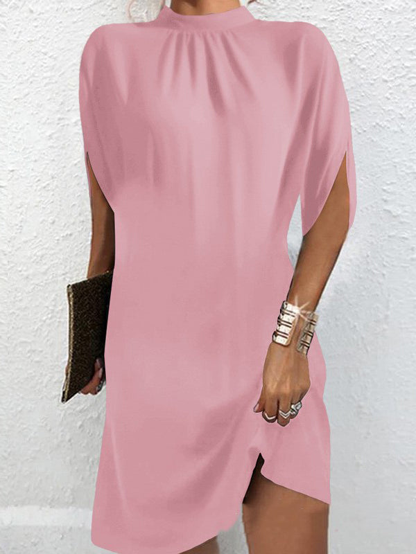 Robe courte ample à manches raglan, à col cheminée, couleur unie