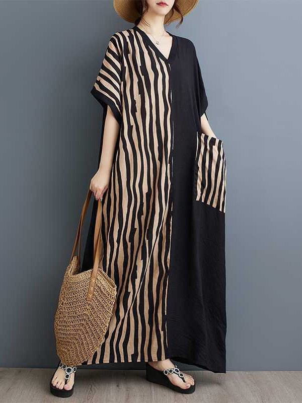 Robe longue rayée coupe trapèze, à manches chauve-souris, à poches, à empiècements, à col en V, couleur contrastée