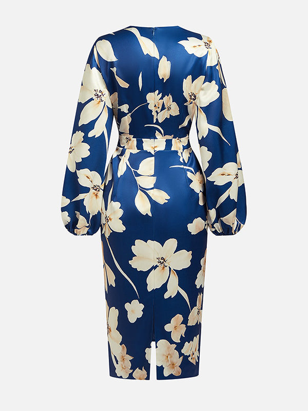 Robe mi-longue ample plissée à manches bouffantes, à imprimé floral, à empiècements, à col en V
