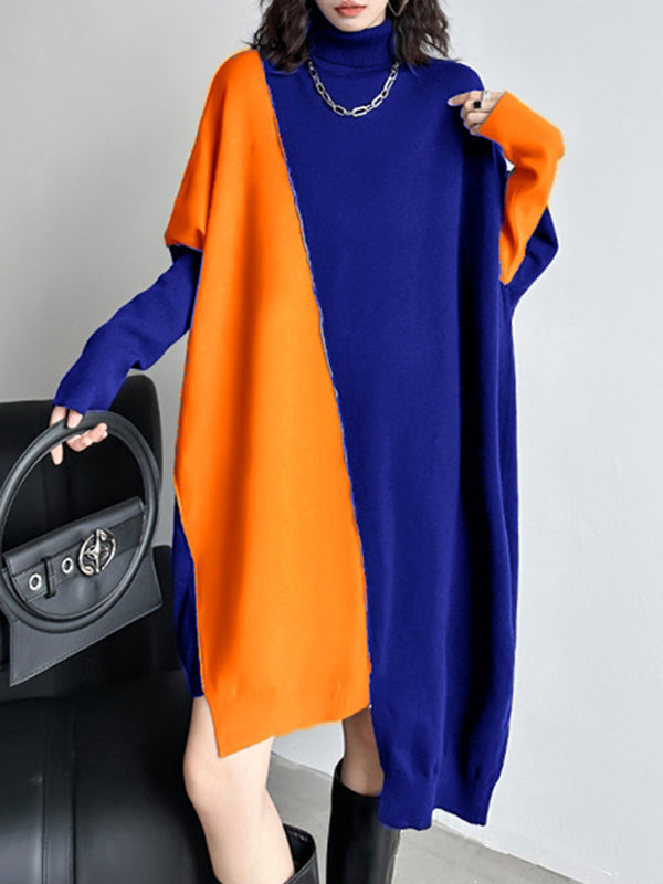 Robe pull mi-longue asymétrique à manches chauve-souris et col haut, couleur contrastée