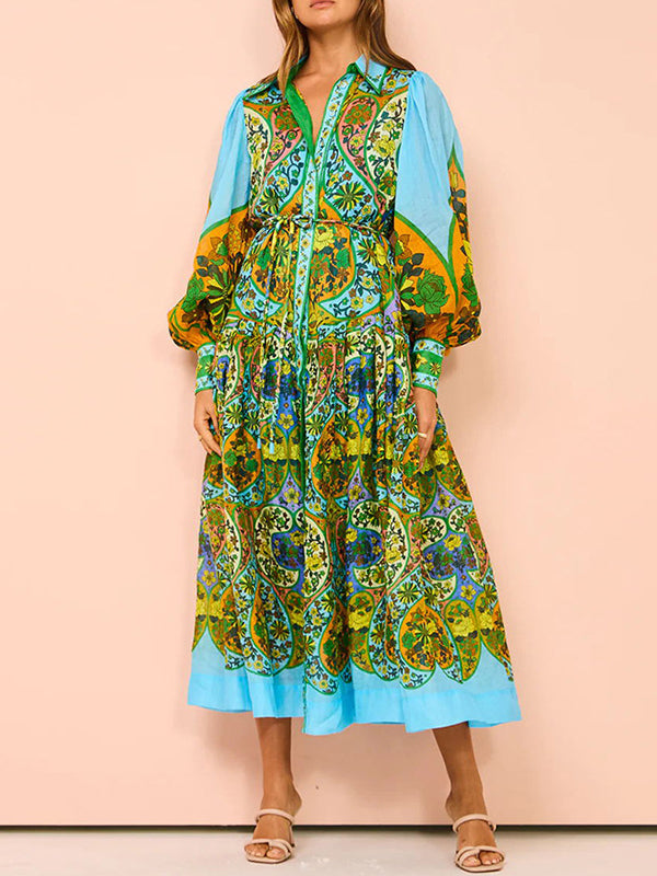 Robe mi-longue ample taille haute, à manches bouffantes, avec ceinture, à imprimé floral, à col revers