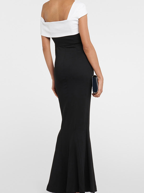 Robe de soirée longue à manches courtes, coupe près du corps, à empiècements, asymétrique à une épaule, couleur contrastée