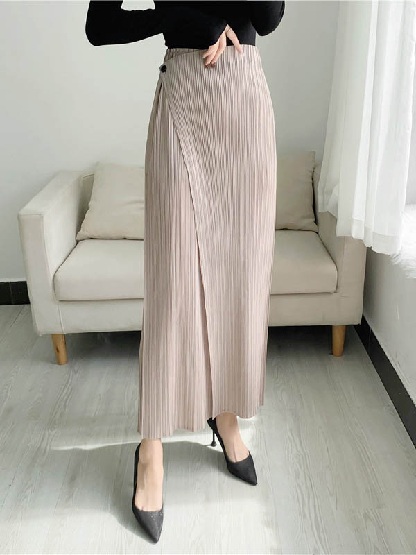 Pantalon plissé décontracté coupe droite, à coupe irrégulière, couleur unie