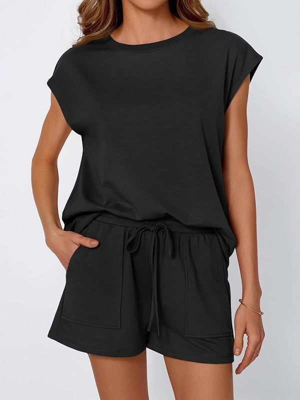 Ensemble deux pièces ample à manches raglan, à empiècements, à col rond, à cordon de serrage, à taille élastique, couleur unie – t-shirt + short
