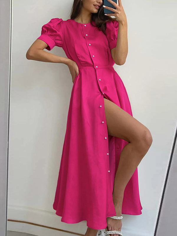 Robe chemise boutonnée à manches bouffantes, à manches courtes, à col rond, couleur unie