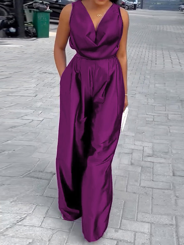 Combinaison ample sans manches, à décolleté en V profond, couleur unie