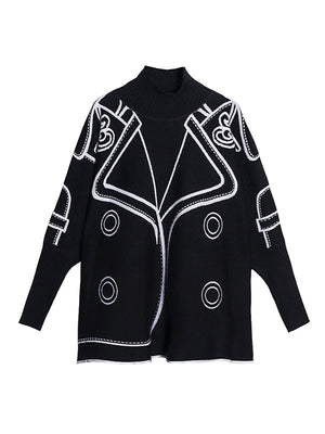 Pull décontracté ample à manches longues, en jacquard, à col haut, couleur contrastée