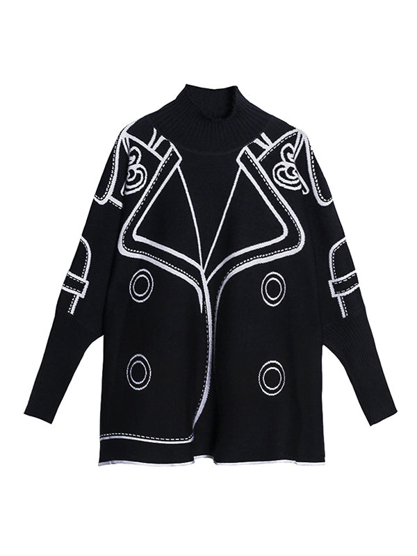 Pull décontracté ample à manches longues, en jacquard, à col haut, couleur contrastée